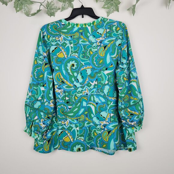 Susan Graver Passport Size L Green Blue Mustard Button Front Relaxed Top Blouse - Picture 5 of 7